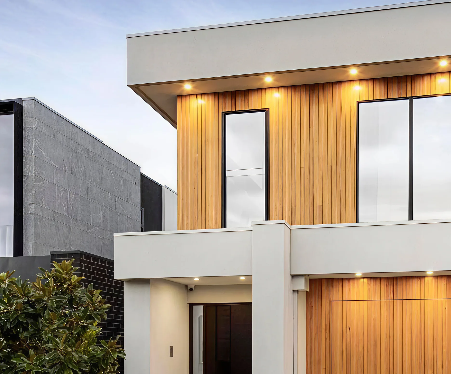 Timber battened street elevation at dusk